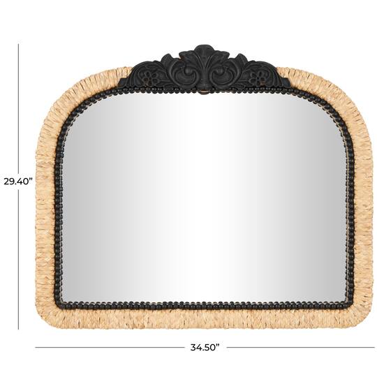 35" Brown & Black Woven Floral Rattan Wall Mirror with Beaded Detailing
